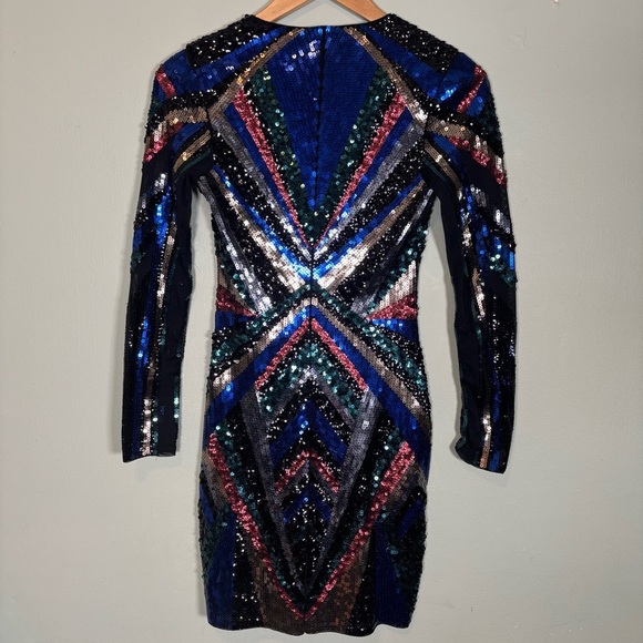 Express Long Sleeve Sequin Chevron Pattern Mini Dress-Multicolor-Women XS - Picture 6 of 9